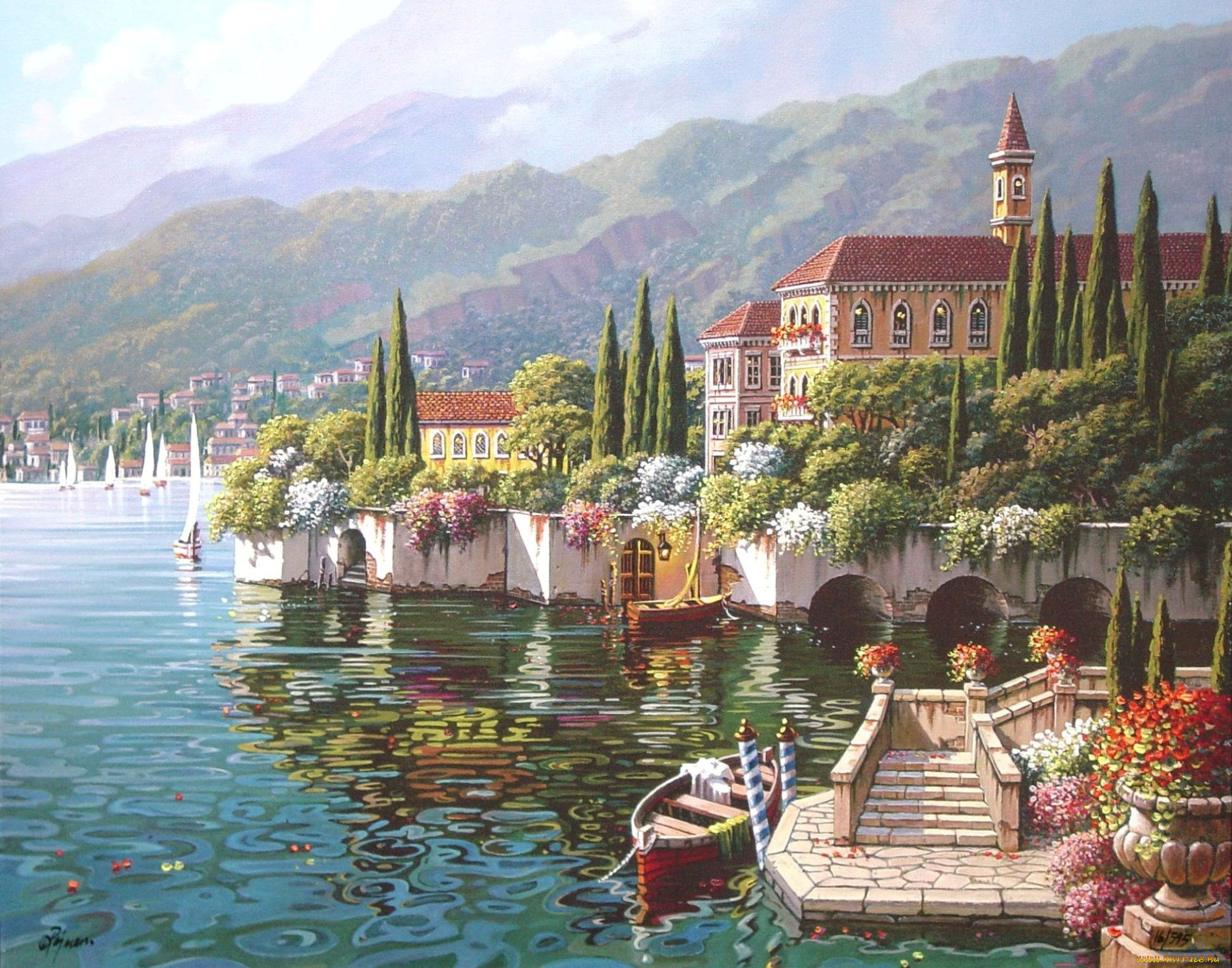 verenna, reflection, , bob, pejman, comune, varenna, italy, painting, town, view, village, lake, como, houses, cypress